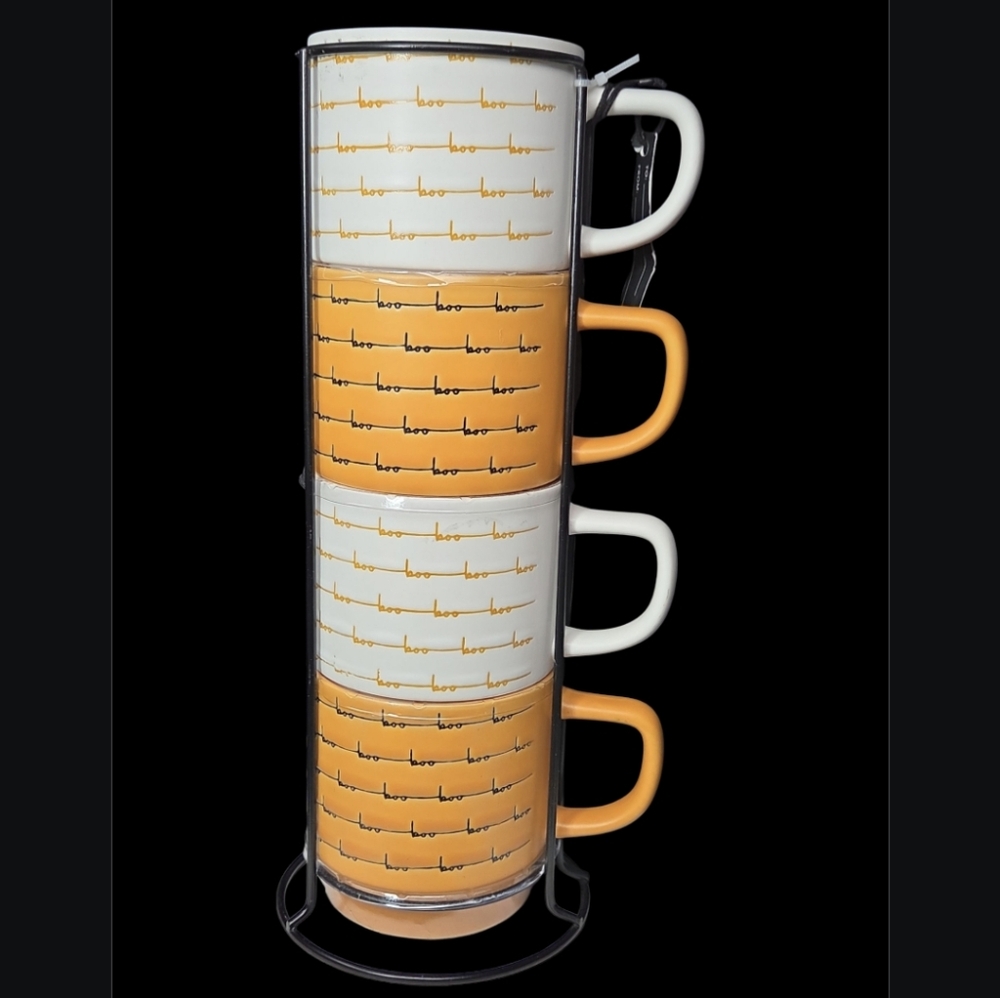 NEW Set Of 4 Halloween-Themed Repeated "boo" Text Pattern Stoneware Mugs W/Stand